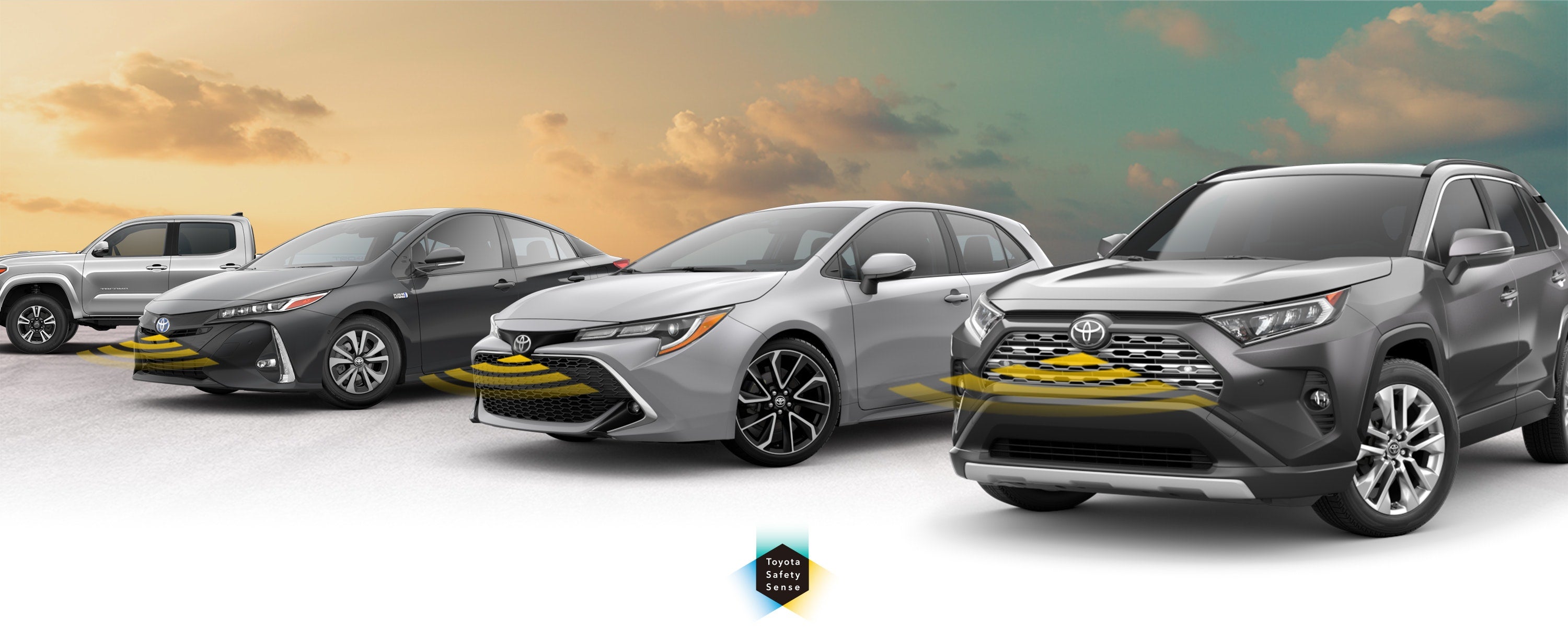 Toyota Safety Sense: Designed for Safety. Options shown on Toyota models including RAV4, Tacoma, and Camry, available now at Milton Ruben Toyota in Augusta GA.